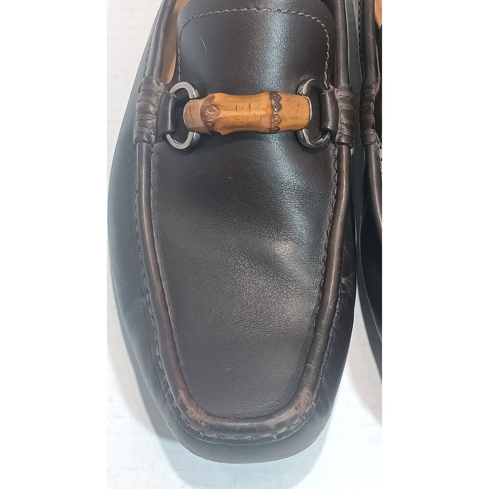 Men's 8.5 🔥 GUCCI Chocolate Brown Leather Driving Loafers Bamboo Horsebit Shoes - Picture 5 of 14
